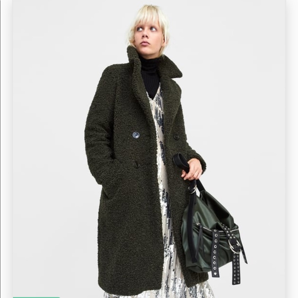 Zara FLEECE TEDDY FAUX FUR COAT DARK GREEN S NEW